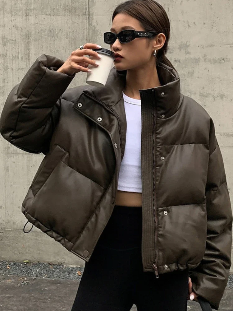 Short Style Parkas for Women Ins PU Winter New Thick Streetwear Casual Simple Chic European Warm Females Vintage Stand Up Collar