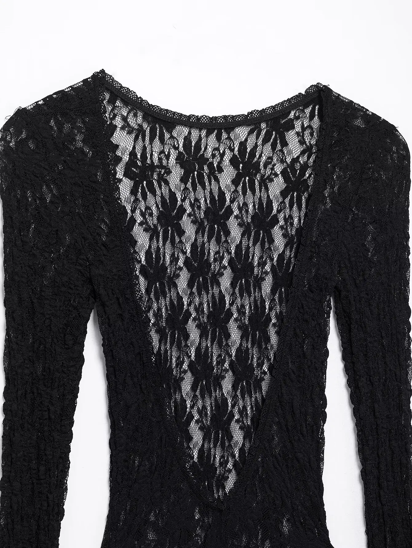 BWQ Vestido largo elegante de encaje negro de manga larga para mujer, diseño transparente, dobladillo acampanado, ideal para ocasiones formales y de fiesta 2025