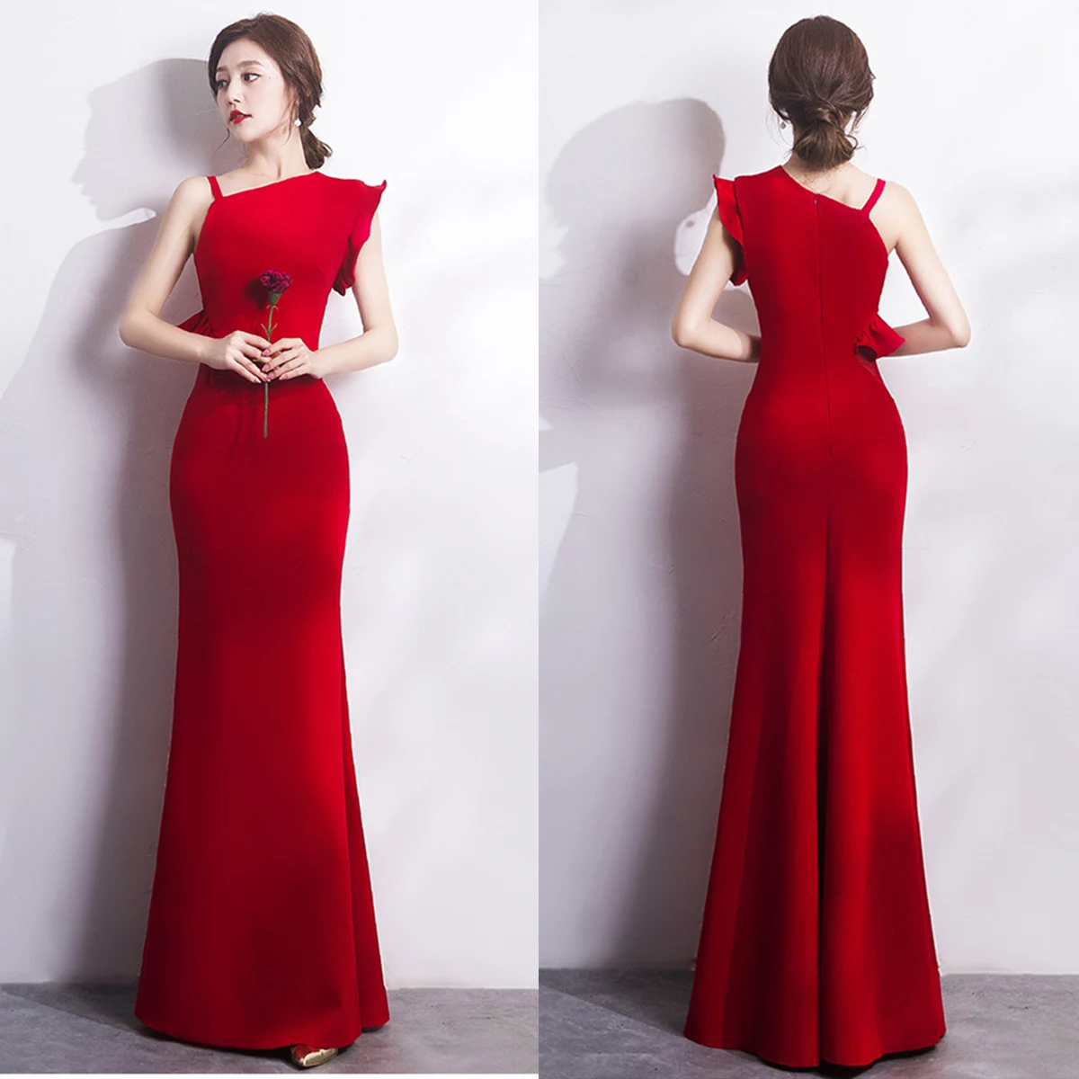 

Wine Red Evening Dress O-neck Sleeveless Ruffles Zipper Back Simple Mermaid Trumpet Floor Length Women Party Formal Gowns YE431