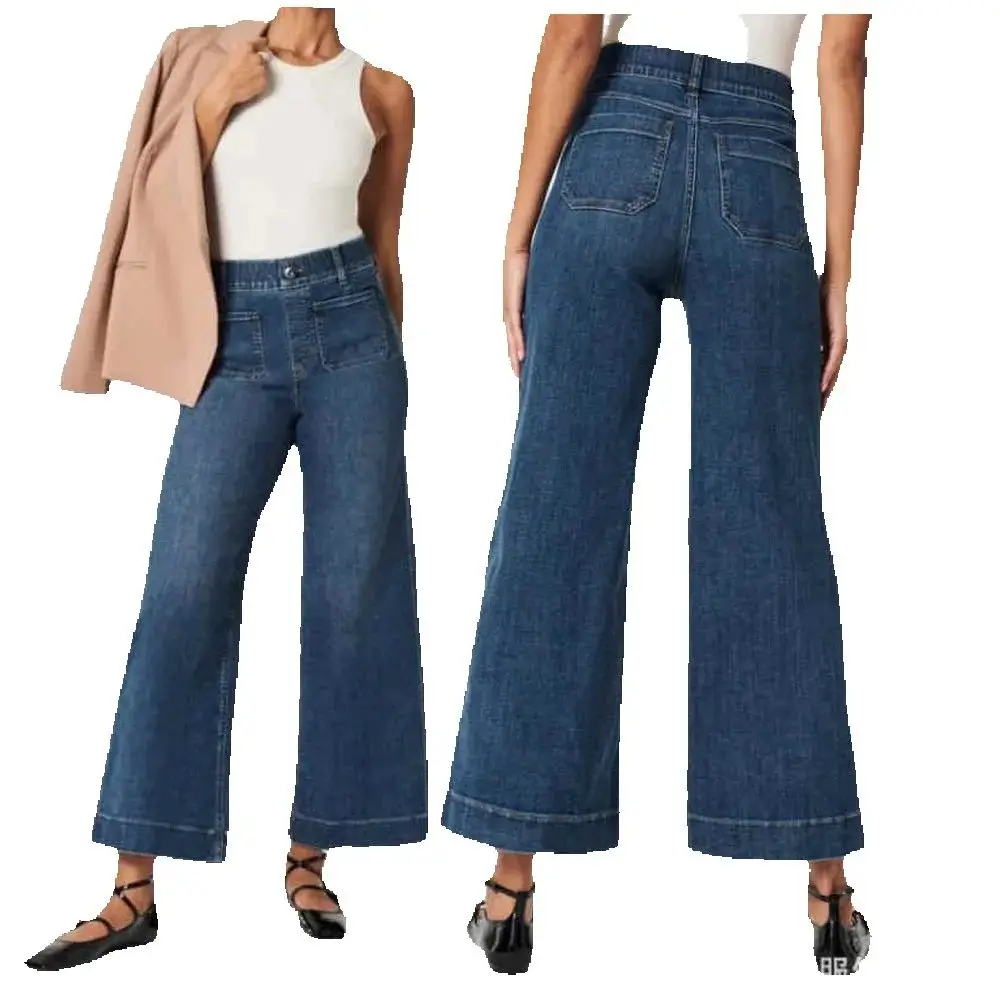 Dżinsy z wysokim stanem i przednimi kieszeniami, dżinsy z szerokimi nogawkami i marszczeniem na brzuch, dżinsy z kontrolą brzucha, dżinsy cropped.