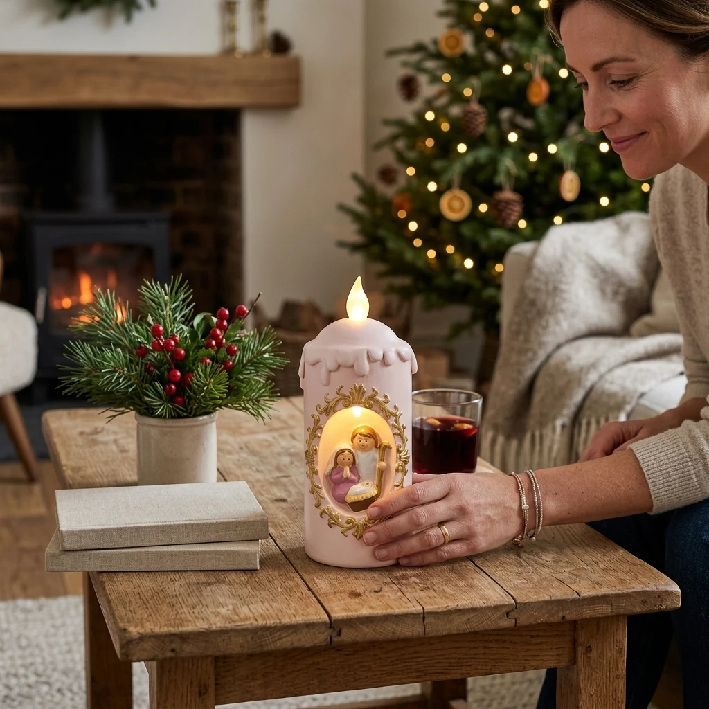Christmas LED Lantern Pink Simulated Flame Lamp Jesus Birth Pattern Desktop Decoration Night Light Navidad New Year Gifts