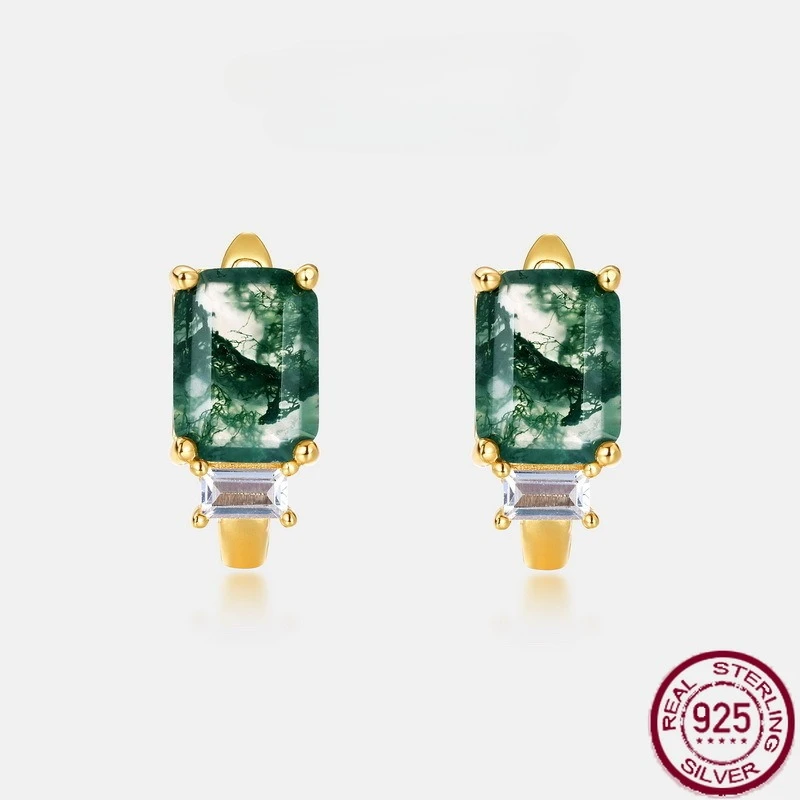 

New S925 pure silver small fresh versatile earrings, natural water grass agate gemstone earrings, wedding jewelry