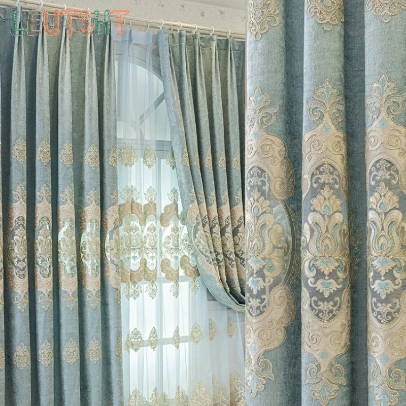 Custom Size European Light Luxury Curtains for Living Room Bedroom Balcony Window Thickened Chenille Embroidery Light Blue