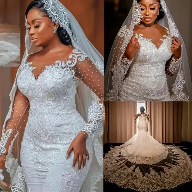 

Plus Size Illusion Country Wedding Dresses Deep V Neck Long Sleeves Lace Bridal Gowns Dress for Bride Tiered Robe De Soiree