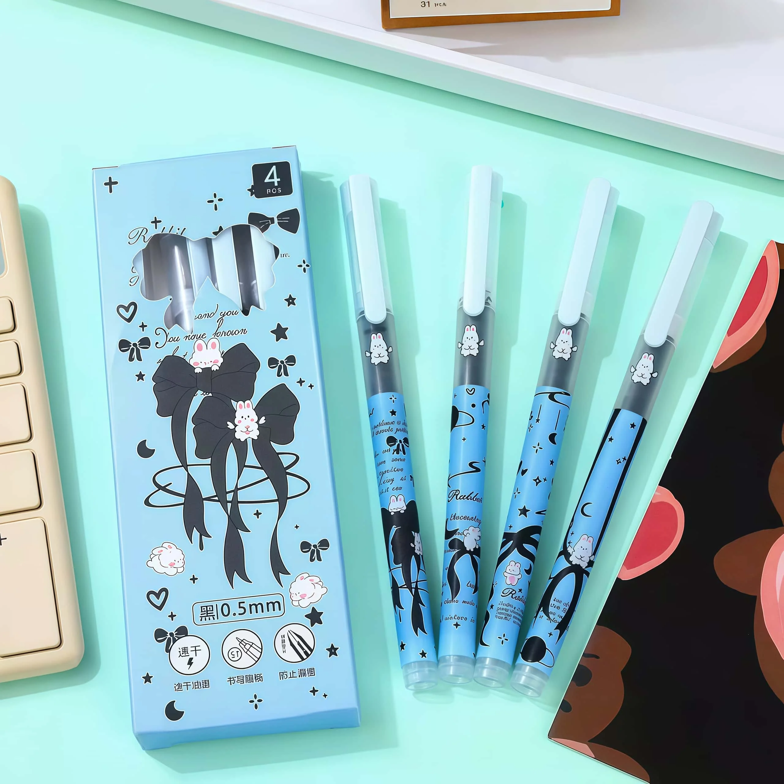 4Pcs Cute Black Cat Gel Pen Set, Light Blue Quick Dry 0.5mm Black Ink Straight Pens for Journal Office Stationery Gift Box
