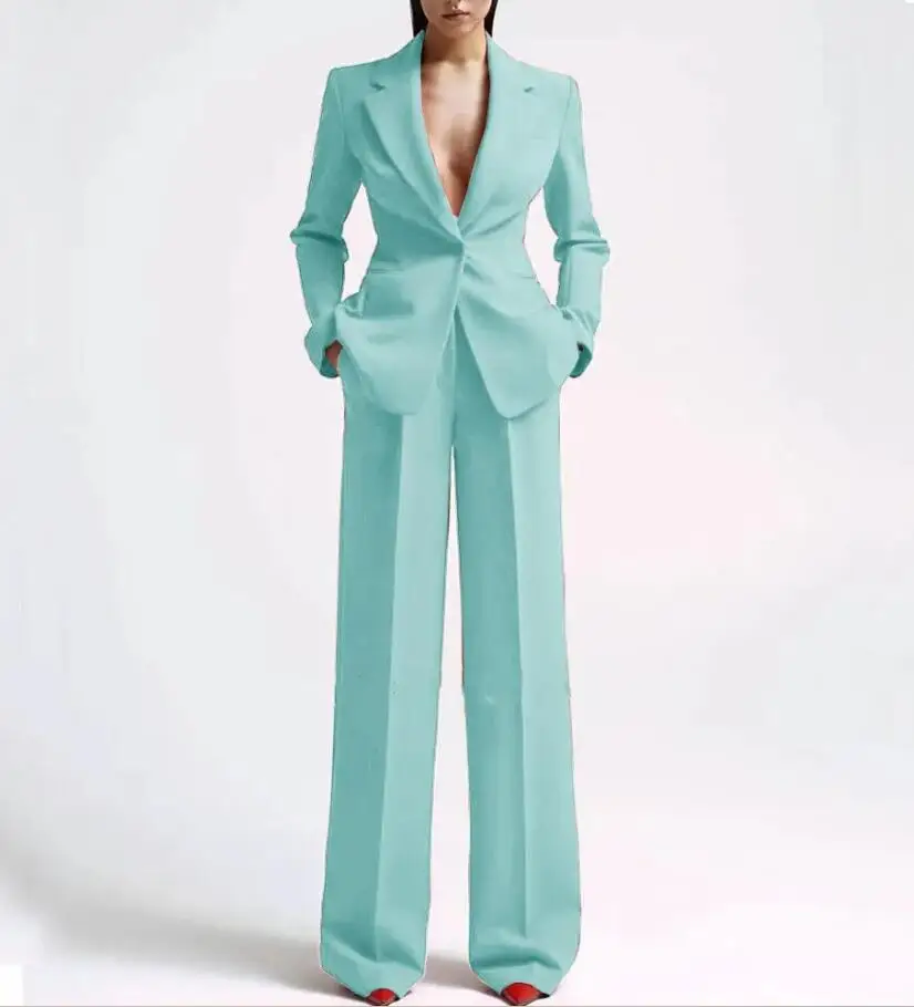 Tesco Single Button Blazer+Wide Leg Pants Suit Sets For Women Solid V Neck Loose Female Pantsuit Custom Made conjunto femininos