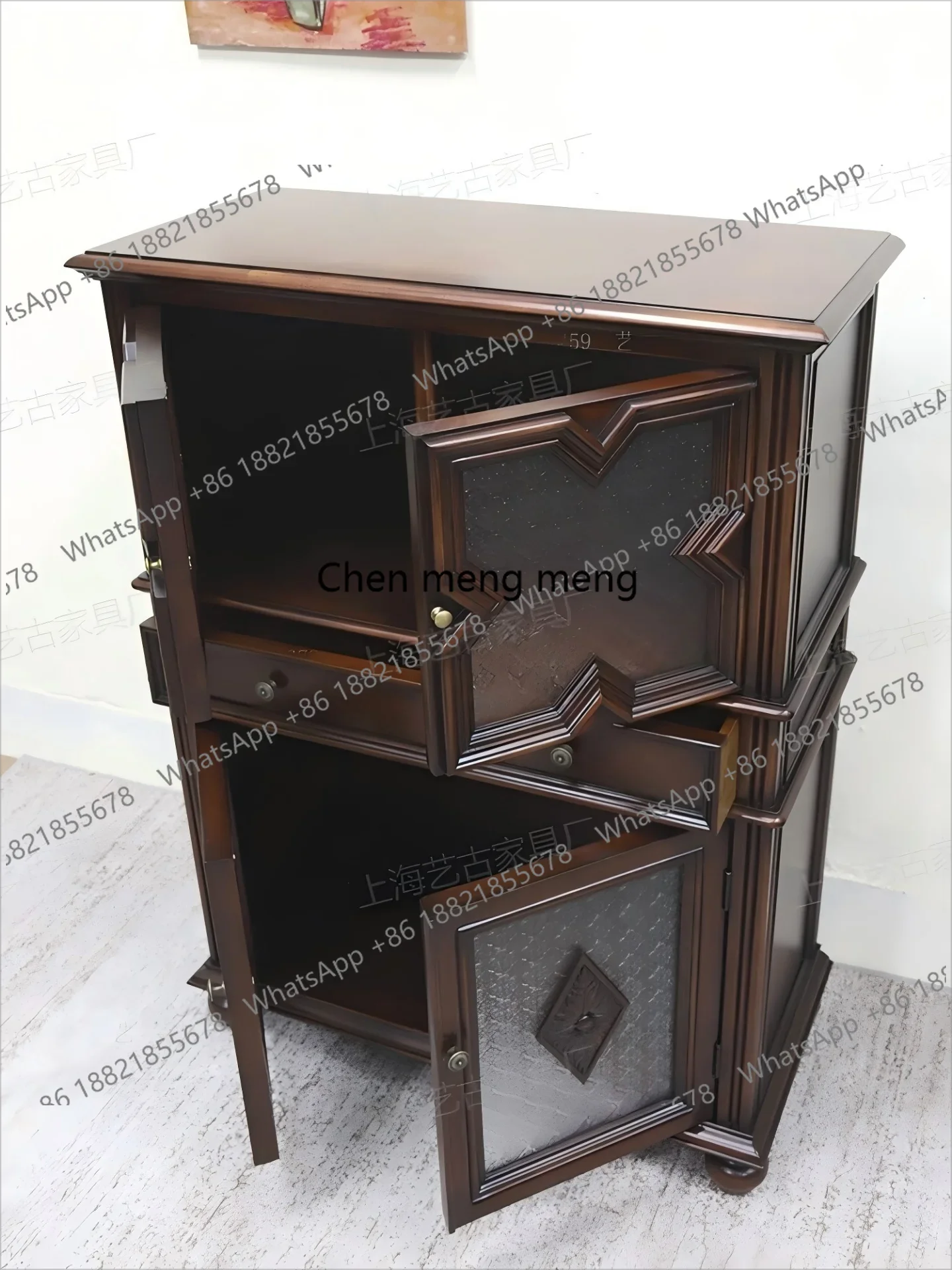 N138  Retro solid wood tenon and mortise household dining edge,storage,tea,wine cabinet European-style carved cabinet against th