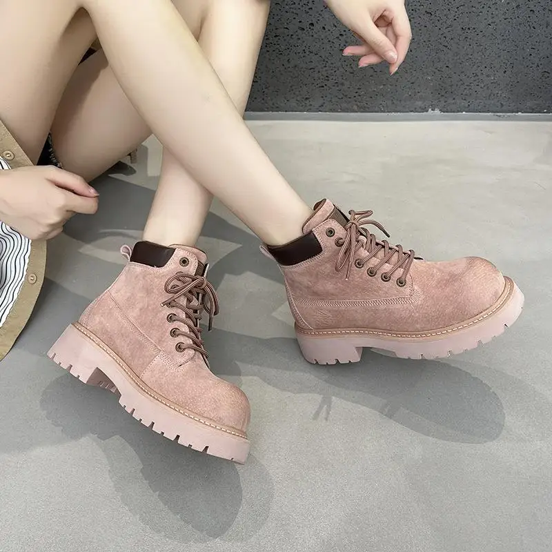 

Retro Boots Women's Sports Versatile British Style Short Boots Thick Bottom Genuine Leather Casual round Toe Rubber Sole