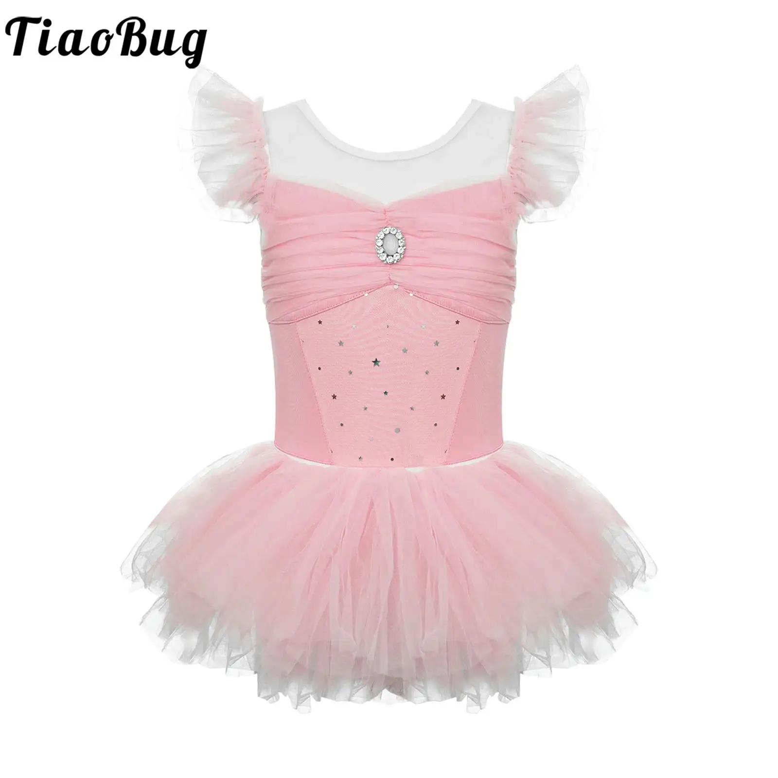 

Kids Girls Ballet Dance Gymnastics Leotards Ruffled Sleeves Skating Workout Performance Bodysuit with Tulle Tutu Skirt Dancewear