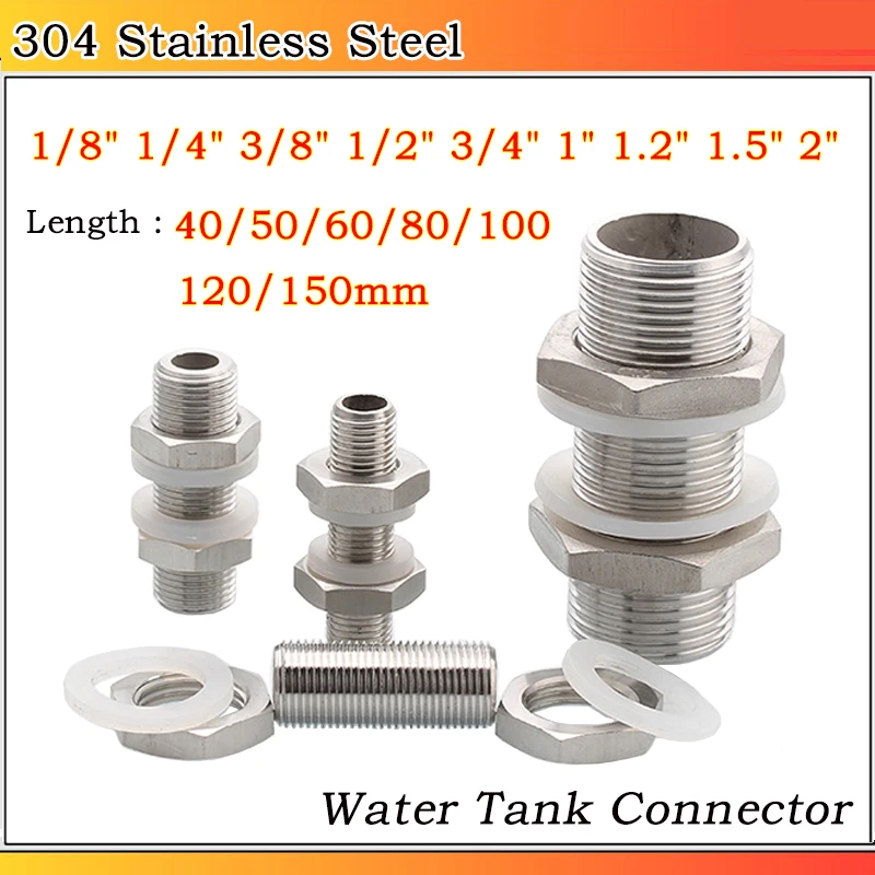 

1~5pc 304 Stainless Steel Full Thread Bulkhead Lock Pipe Fitting Connector For Water Tank Aquarium Size:1/8"~2" 40~150mm Length