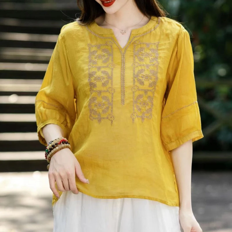 Women Vintage Ethnic Style Embroidery Cotton Linen Blouses Summer V Neck Short Sleeve Shirts Casual Solid Loose Irregular Tops