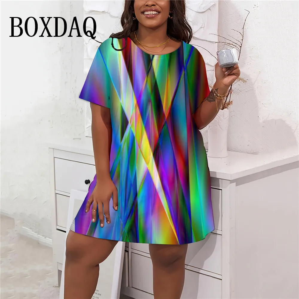 2024 Summer Women Dress Gradient Tie Dye Stripes O-Neck Short Sleeve Loose Dresses Female New Elegant Casual Plus Size Clothes