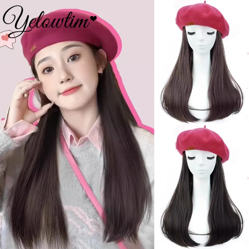 Hat Wig One-piece Women's Long Hair Powder Beret Long Straight Curly Hair Imitation Real Baseball Cap Detachable Full Head Cover