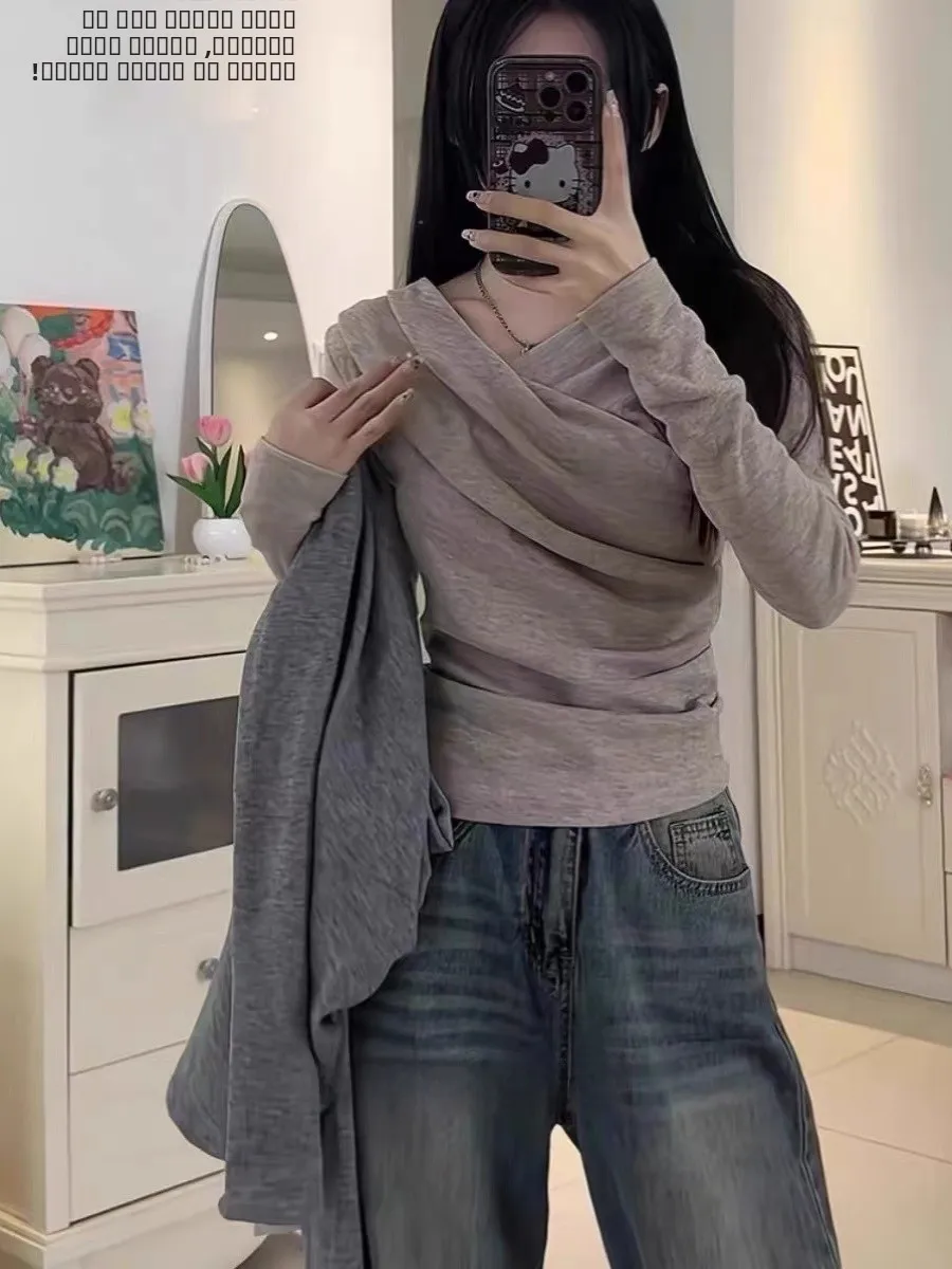 

Женская футболка больших размеров с длинным рукавом, V-образным вырезом и перекрестным дизайном, новинка ранней осени, универсальный приталенный топ в корейском стиле, прямой крой