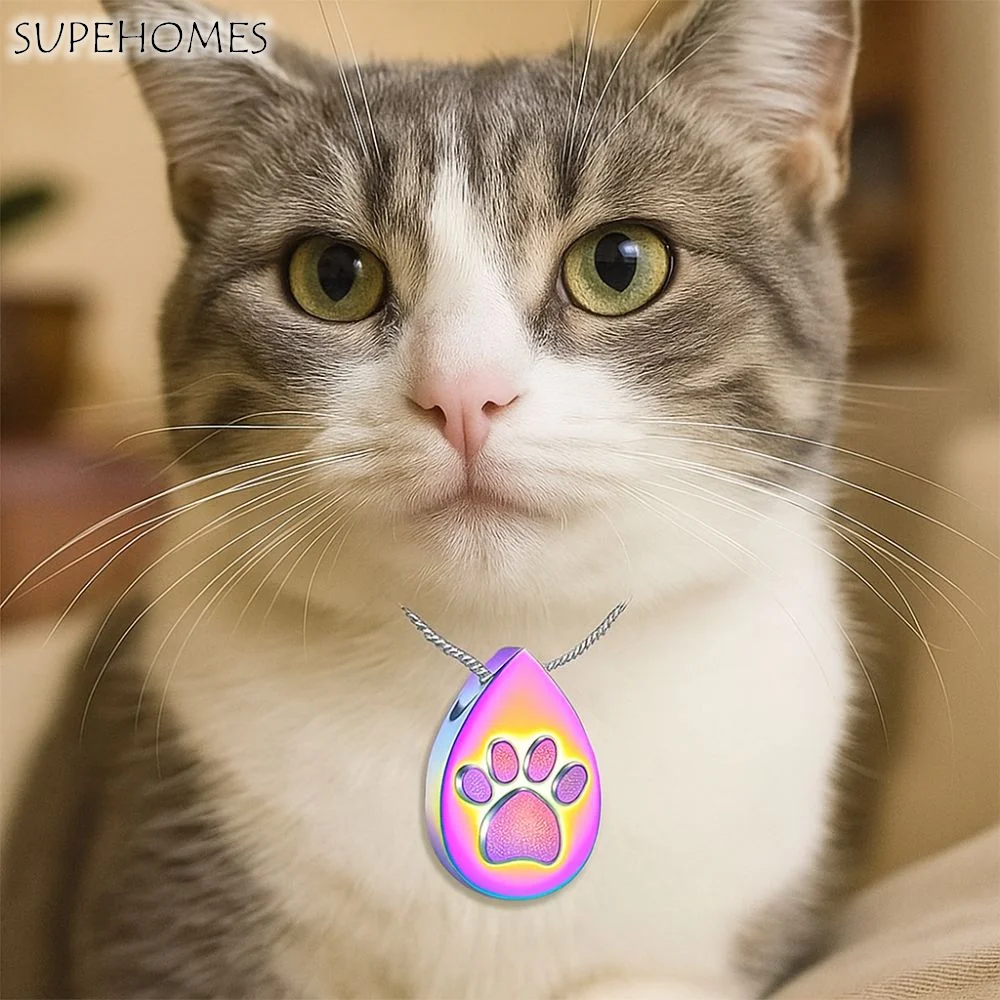 

Stainless Steel Pet Urn Necklace Mini Water Droplet Paw Print Urn Waterproof Dustproof Pet Teeth Hair Box Sympathy Gift