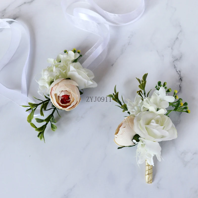 * 1 قطعة زهور الزفاف اليدوية العريس العروة أو العروس وصيفه الشرف اليد المعصم زهرة الحرير الأوروبي زهرة اصطناعية Corsag