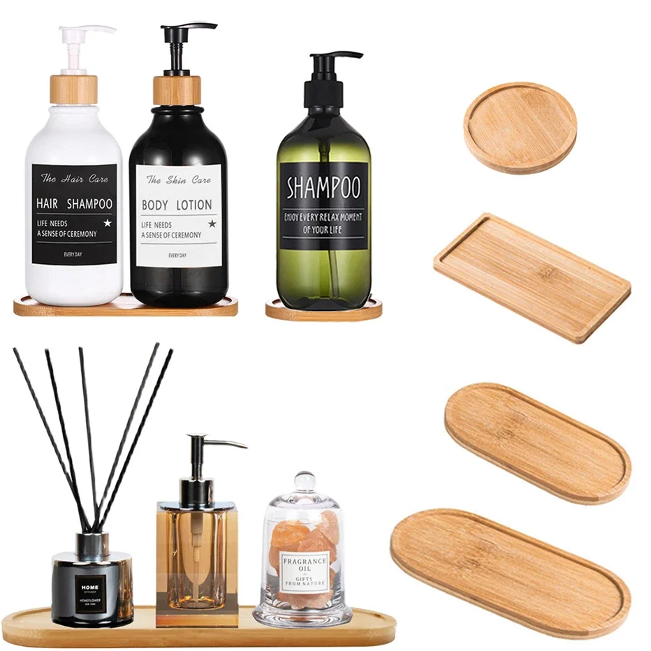 Vanity Countertop Bottles Organizer Holder Wooden Soap Dispenser Tray Round Square Candles Jewelry Storage Tray for Bathroom