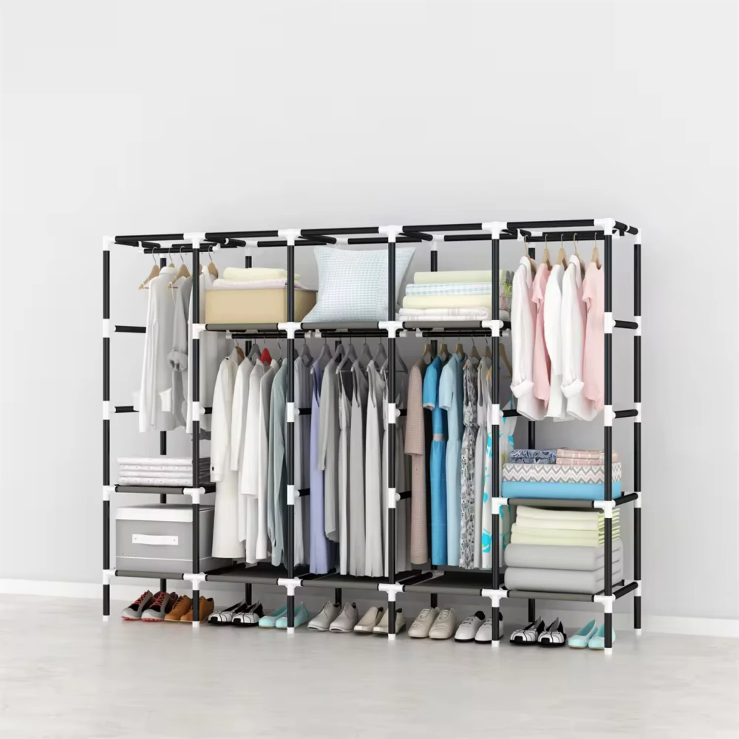 Closet Wardrobe 80in 203x42x170CM Wardrobe Steel Fabric Clothes Hanging with 10 Shelves & 5 Hanging Rods