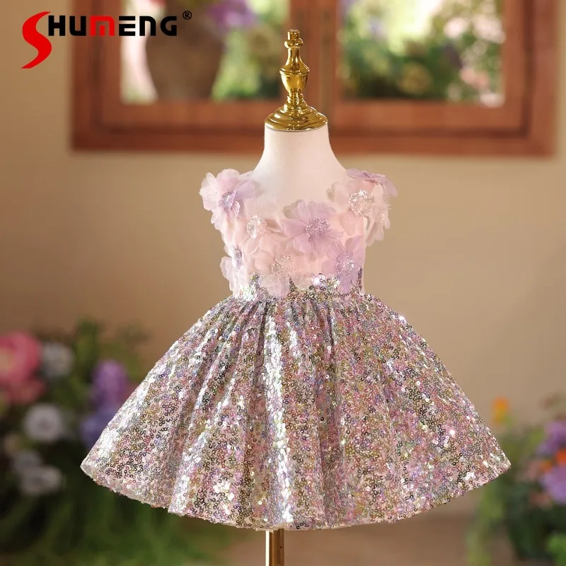 

Элегантное платье для девочек для выступлений на фортепиано, высококачественное платье с пайетками для дня рождения, детское платье-пачка для выступлений на сцене и в качестве ведущей