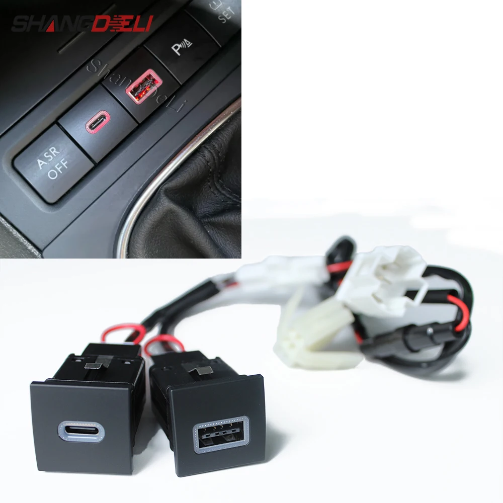 12V Red LED Car Socket Charger Dual USB PD Type C Port Phone Chargers Power Adapter For VW Golf 6 MK6 Jetta 5 MK5