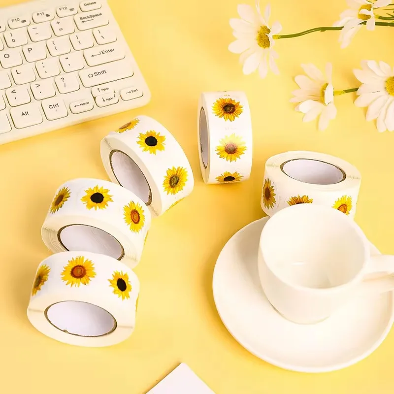 100-500PCS Sunflowers Stickers Packaging Stickers Roll Home Made Small Lables for  Pack Rolling Stickers Photocard Decor image 5