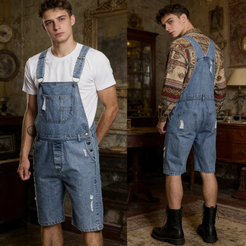 Men Jeans Cargo Knee Length Overalls Jumpsuits Denim Straight One Piece Casual Mid Waist Pockets Solid Distressed Holes summer