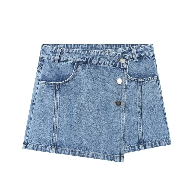 

Summer 2026 Wrap Denim Skort Women Asymmetrical Button Front Casual Mini Shorts Skirt With Pockets