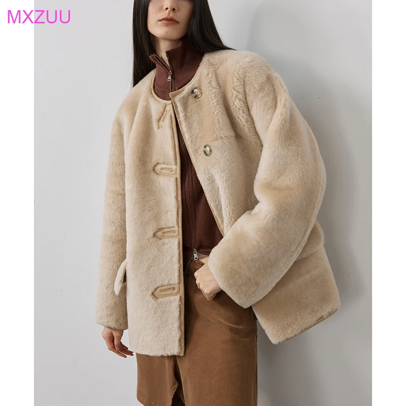 Merino Sheep Fur Leather Jackets Winter Fashion Women Soft and Simple Round Neck Loose Thick Warm Camel/Coffee Long Fur Coat