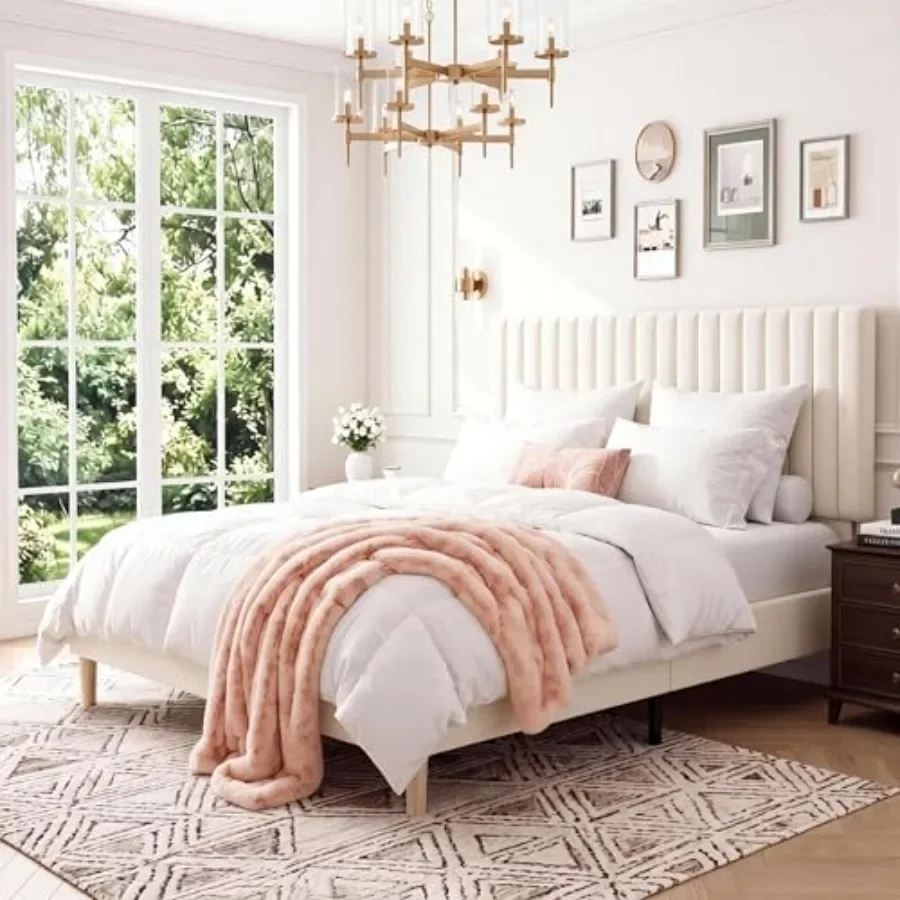 Bed Frame with Adjustable Headboard for Bedroom, Velvet Upholstered in Gray, Soft-Touch Luxury and Space-Saving Design