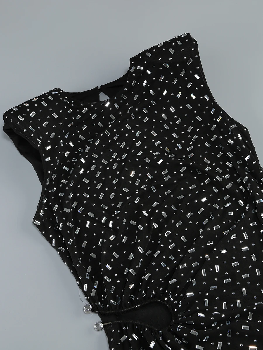 Robe longue noire élégante sans manches pour femmes, ornée de diamants, découpée, robe de soirée formelle de célébrité, nouvelle collection 2025