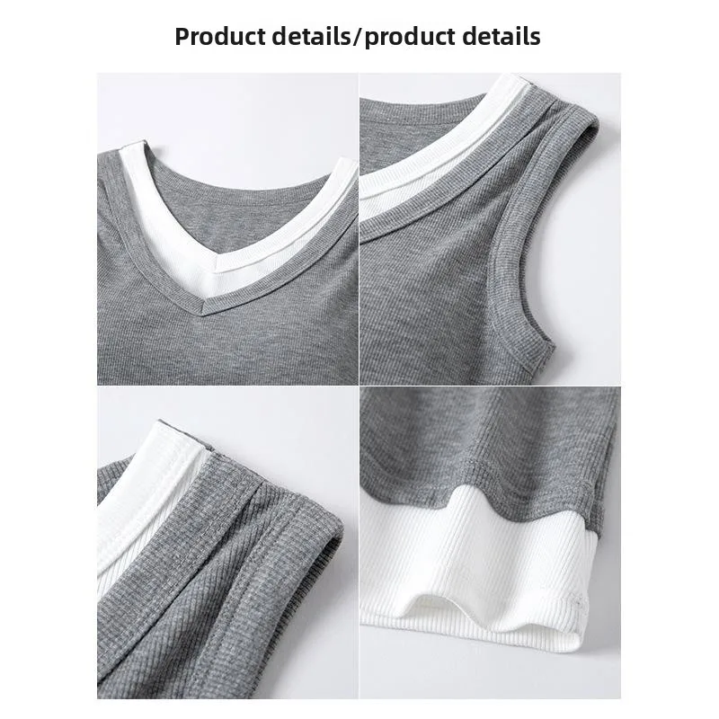 カラーブロック Vネック タンクトップ レディース 春夏 着痩せ インナー 胸パッド付き アウター ベースシャツ ノースリーブ