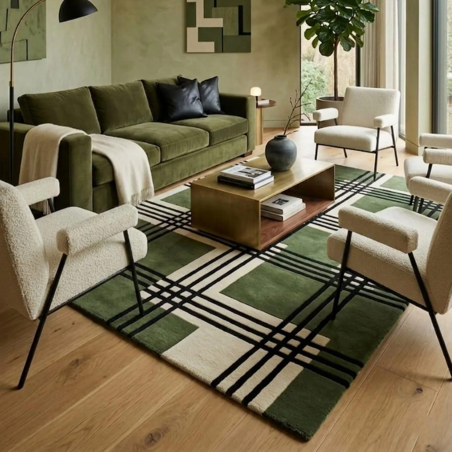 Room Decor Rug  Green Modern Geometric Grid Rug, Mid Century Plaid H1and Tufted Wool Area Rug, Minimalist Bauhaus Carpet, Custom size Living Room DE1cor rug