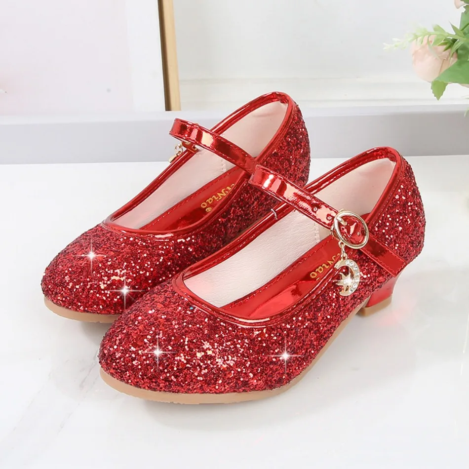 Girls Shoes Children High Heel Glitter Crystal Sandals Fashion Buckle Kids Princess Dance Shoe Student Performance Leather Shoes