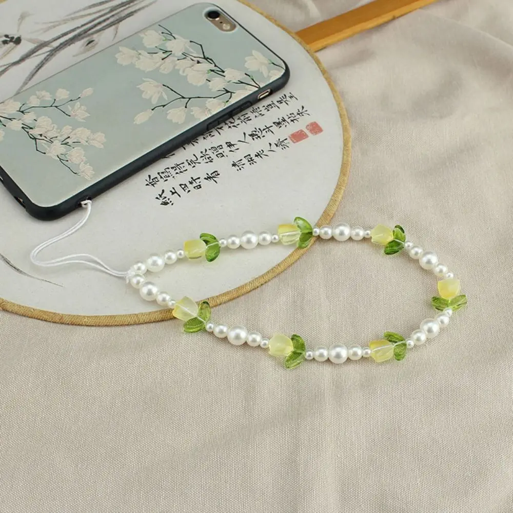 Perle di perle Tulip Bead Phone Charm Strap Flower Tulip Tulip catena per cellulare fiori di vetro colorati cinturino per cellulare con perline