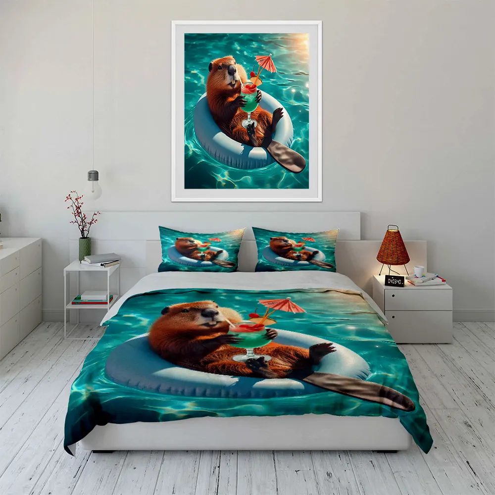 Beaver relaxing with drink Pattern Duvet Cover Set Digital Print Colorful Polyester Bedding with Zipper Closur for kids gifts