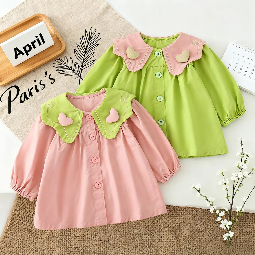 

Girls' Dress Spring/Fall Color-Block Heart-Print Long-Sleeve Baby Girl Dress Cute Cotton Girls Princess Dress Baby Girl Clothes