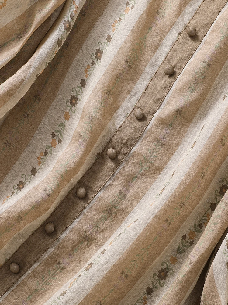 เสื้อท็อปผ้าลินินพิมพ์ลายทางแนวตั้งสีแฟชั่น ไซส์ใหญ่สำหรับผู้หญิง ดีไซน์ใหม่ ตกแต่งกระดุมทรงกลม แขนยาวเจ็ดส่วน