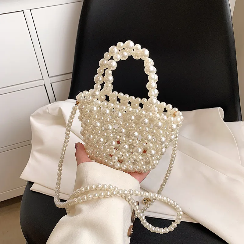Kids Pearl Handbag Cute Hollow Out Beaded Mini Exquisite Bucket Bag Detachable Strap Girls Summer Party Crossbody Shoulder Bag