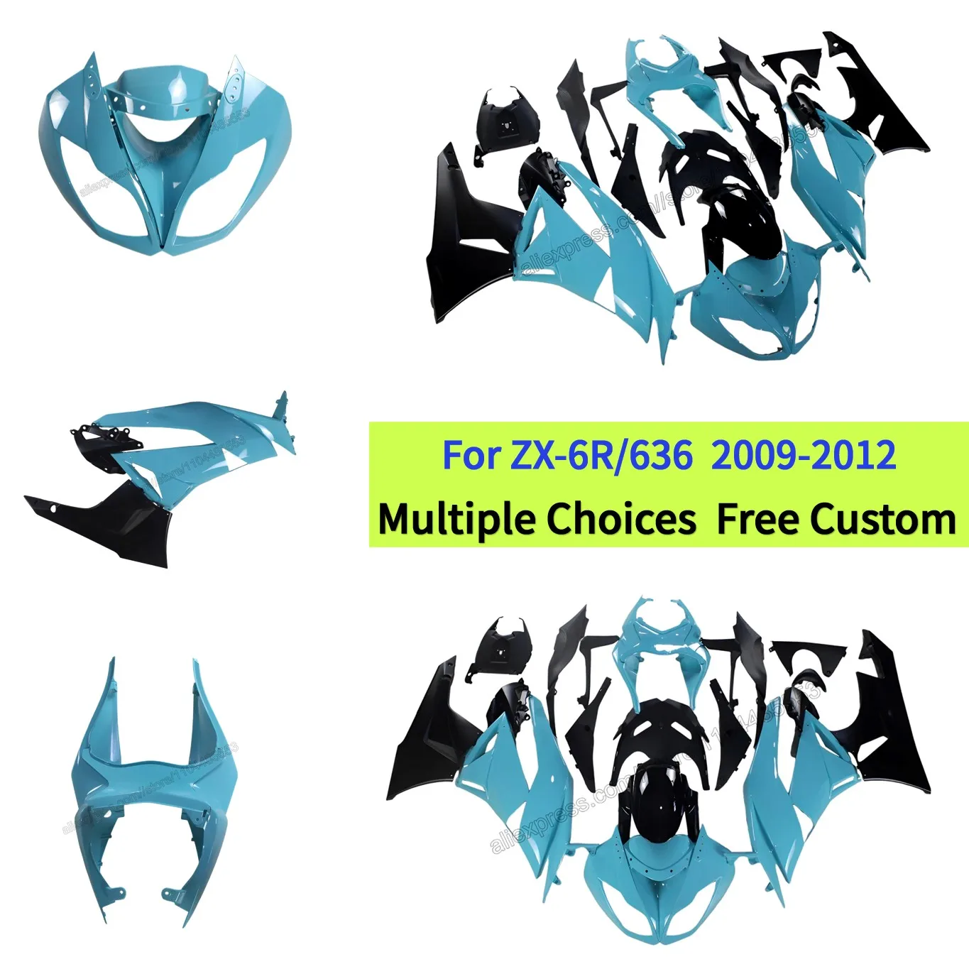 

ZX6R Complete Injection Molded Fairing Kit For Ninja ZX 636 2009 2010 2011 2012 High-Quality Materials | Sky Blue black