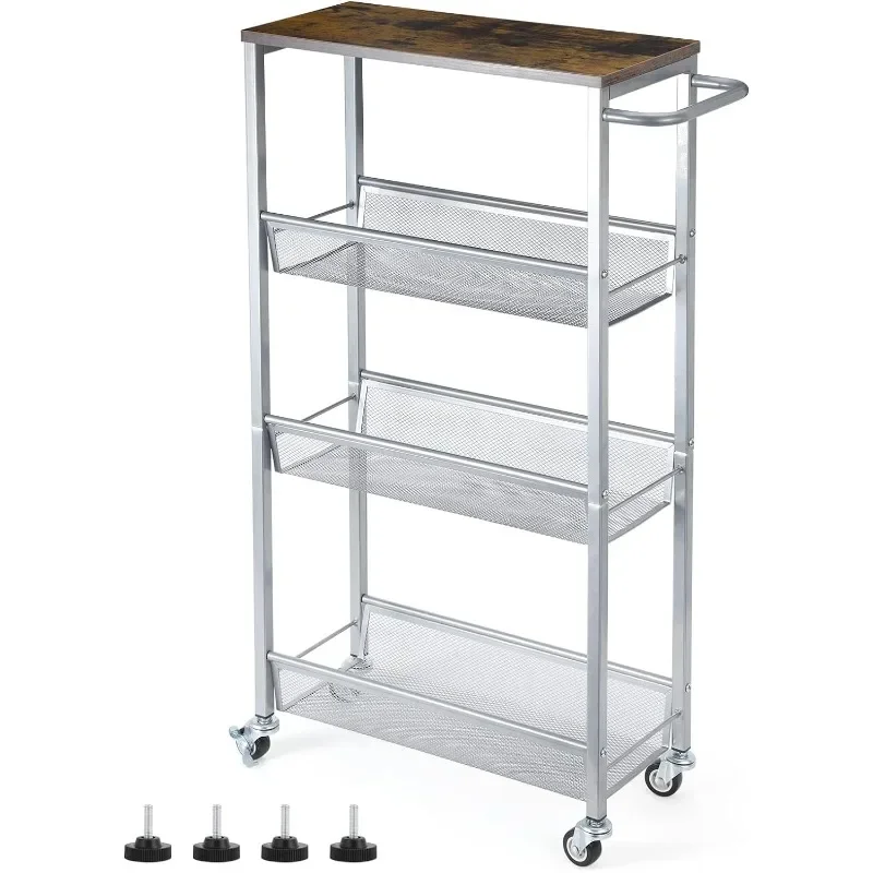 

4 Tier Slim Storage Cart, Shelving Unit for Small Space, Slide Out Narrow Kitchen Cart with Wood Top, Metal Handle