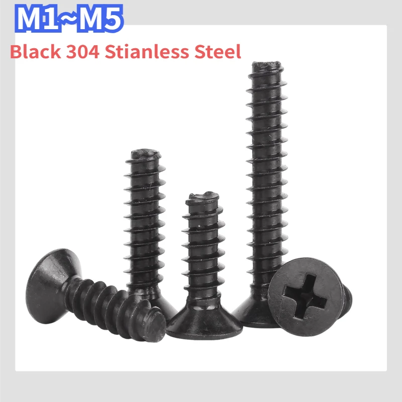 200pcs M1 M1.2 ~M5 Black 304 Stianless Steel Mini Screw Cross Recessed Countersunk Head Flat Tail Cutting KB Self-tapping Screw