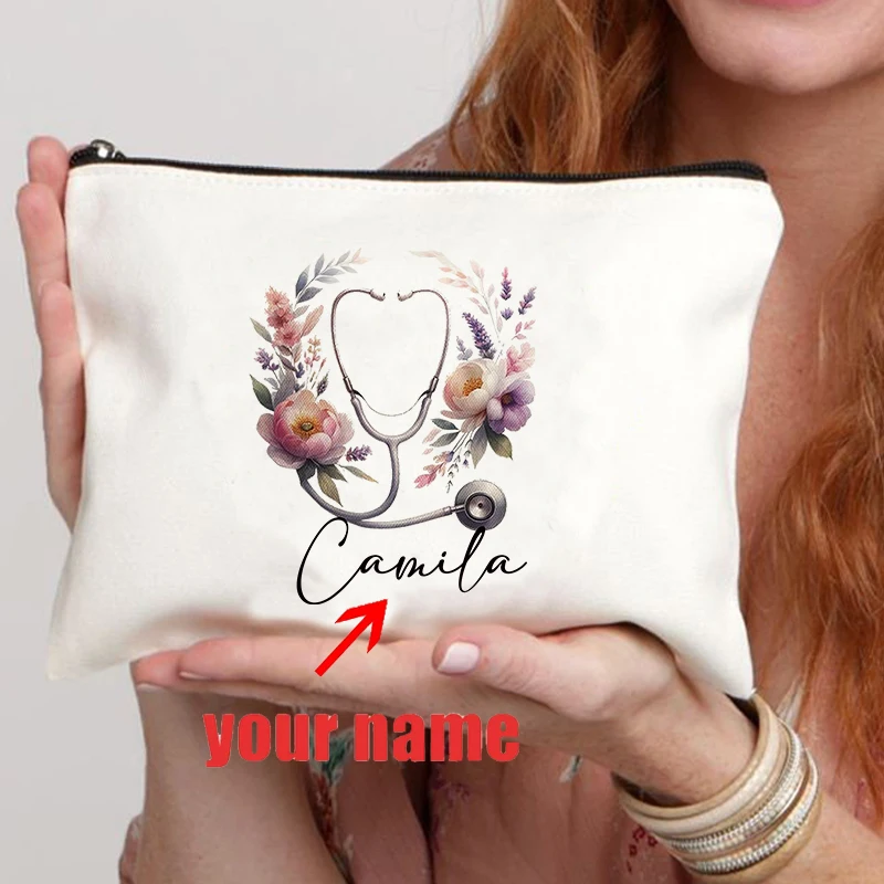 Personalized Nurse Floral Nurse Name Makeup Bag Custom Cosmetic Case Registered Nurses Gifts RN LPN Nurse Toiletry Pouch Wallet