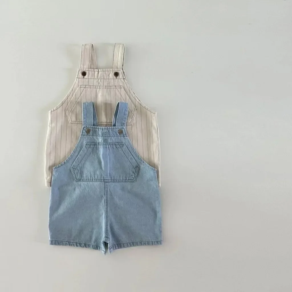 2023 Summer Autumn Baby Denim Overalls Infant Boys Solid Pocket Suspenders Pant Girls Jumpsuit Kids Cotton Casual Striped Shorts