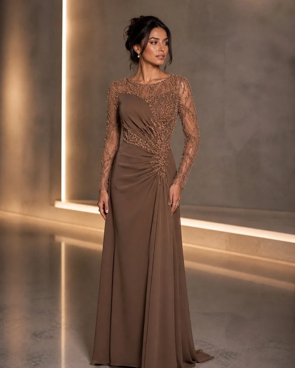 

Customized Elegant Women Jersey Beading Ruched Mermaid Evening Dresses Formal Sexy O-Neck Long Sleeves Floor Lenght Prom Dresses