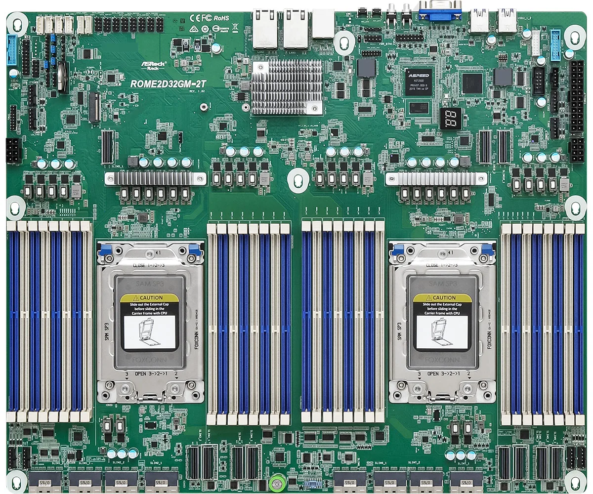ROME2D32GM-2T server motherboard, supports AMD EPYC 7003/7002 processors and features 32 DDR4 DIMM slots