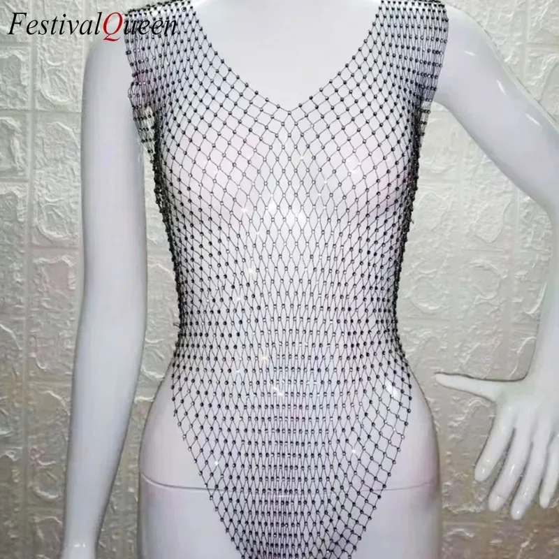 Festivalqueen Glanzende Visnet Strass Jumpsuit Voor Vrouwen V-Hals Uitgehold Bikini Cover Up Sexy Bodysuit Strand Bikini Hottie B