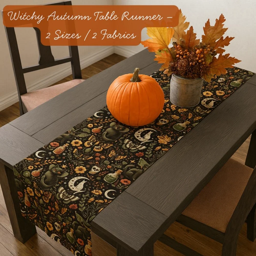 Halloween-Tischläufer – himmlische Gothic-Heimdekoration – Herbstblumen-Hexen-Leinen, Samhain-Esstuch