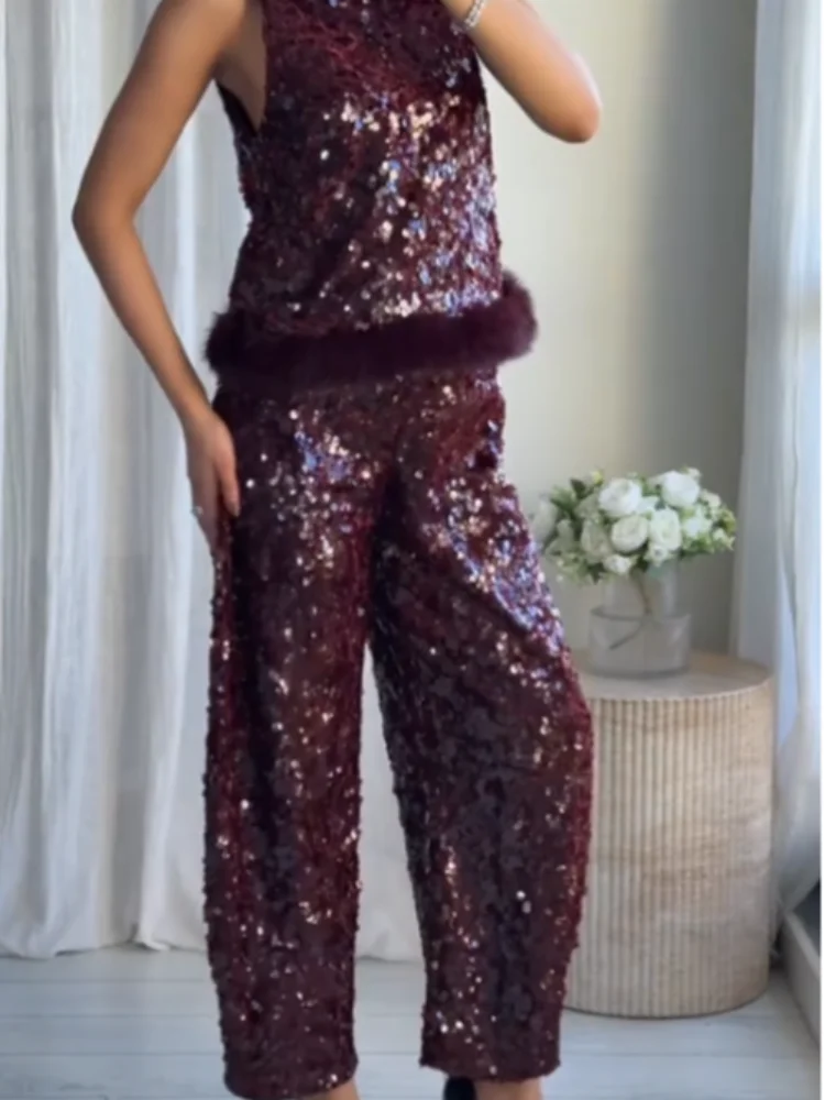 Women Sequin Pant Sets Faux Fur Patchwork O-neck Sleeveless Backless Vest Wide Leg Pant Suit 2026 Lady New Commute Street Outfit
