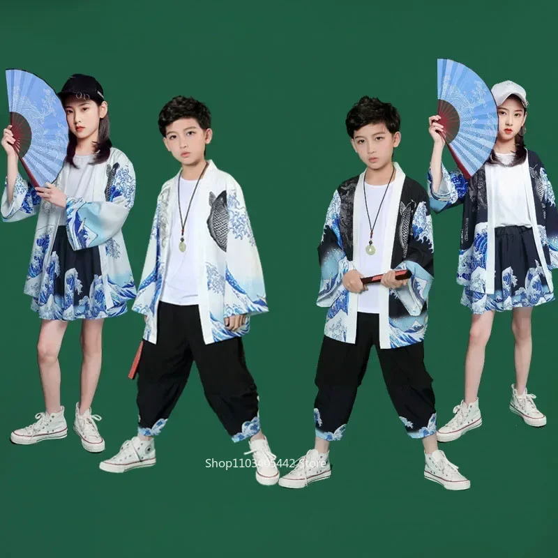 子供のダンス服夏の新しい和風着物トップス新しいプリントカーディガン子供ストリートウェアストリートダンスキャットウォーク衣装