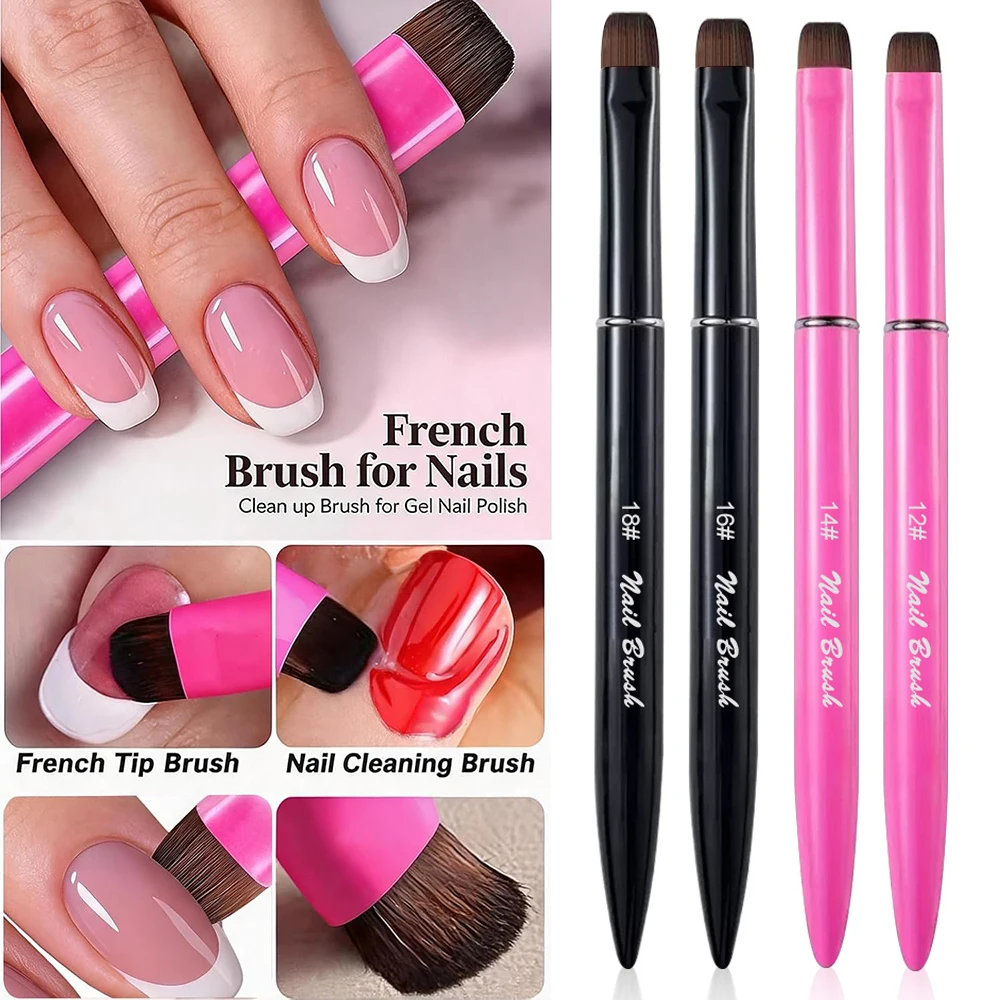 12# 14# 16# 18# 2Pcs French Nail Brush Set Pink Black Handle Short Square Round Nylon Manicure Brushes 3 in 1 Gel Nail Pen Tools
